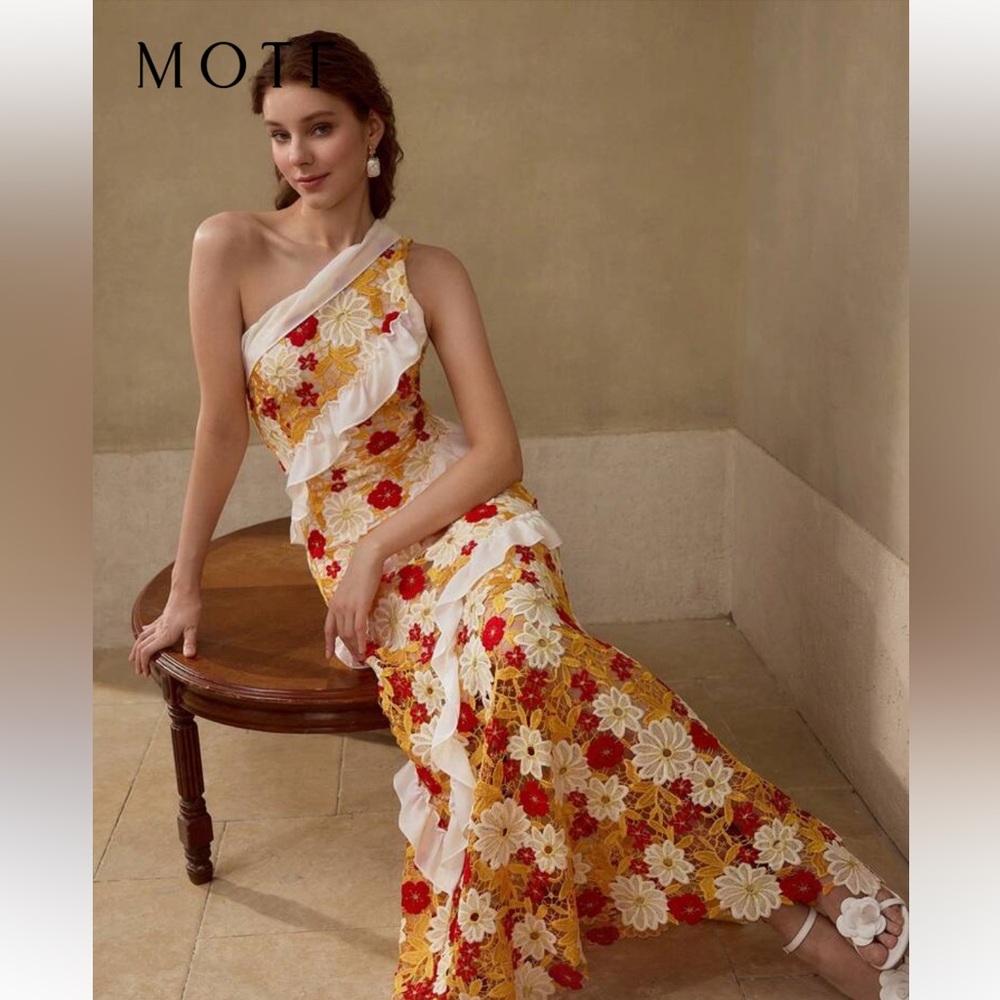 MOTF Floral One-Shoulder Maxi Dress - Red, Yellow, White